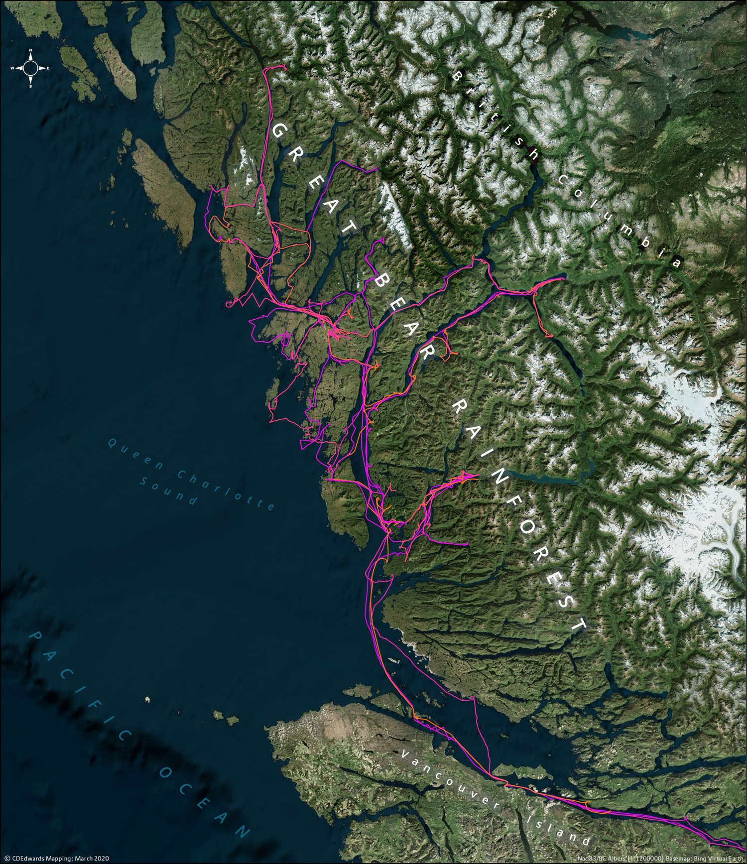 Satellite imagery of British Columbia's Central Coast (also called the Great Bear Rainforest) with bright lines showing the track a sailboat has taken